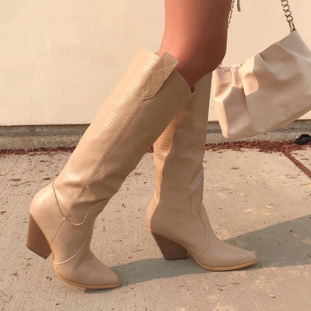 Faux lather nude crocodile print boots